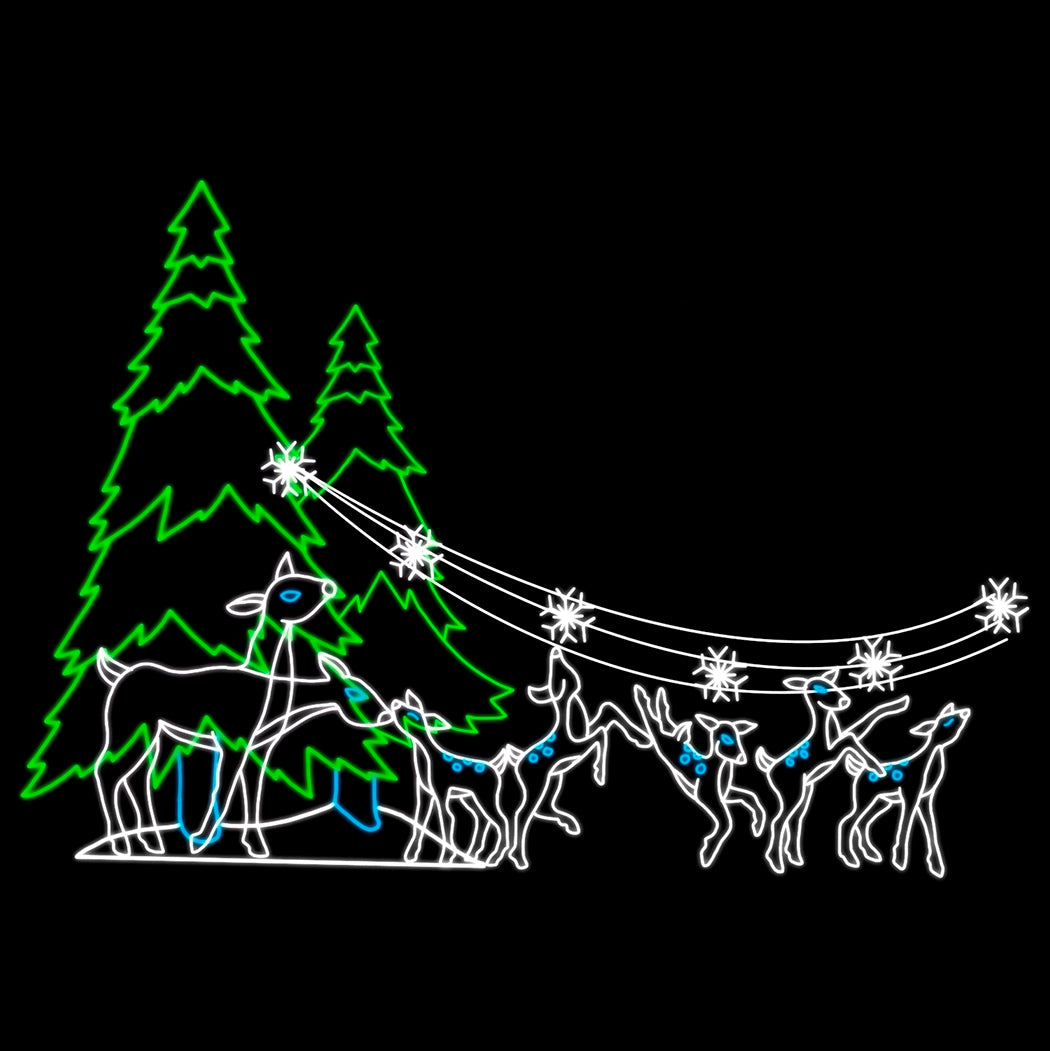Silhouette LED display featuring a doe and her fawns, outlined in white and blue LED lights, playing under twinkling snowflakes, with tall illuminated green trees in the background. The scene is set against a black backdrop, creating a festive and enchanting holiday display.