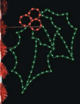 The image shows a pole-mounted decoration featuring a holly cluster design. The decoration is outlined with green and red lights, creating a bright and festive look. The holly leaves are illuminated with green lights, and the berries are represented by red lights, forming a classic holiday motif suitable for commercial Christmas displays.