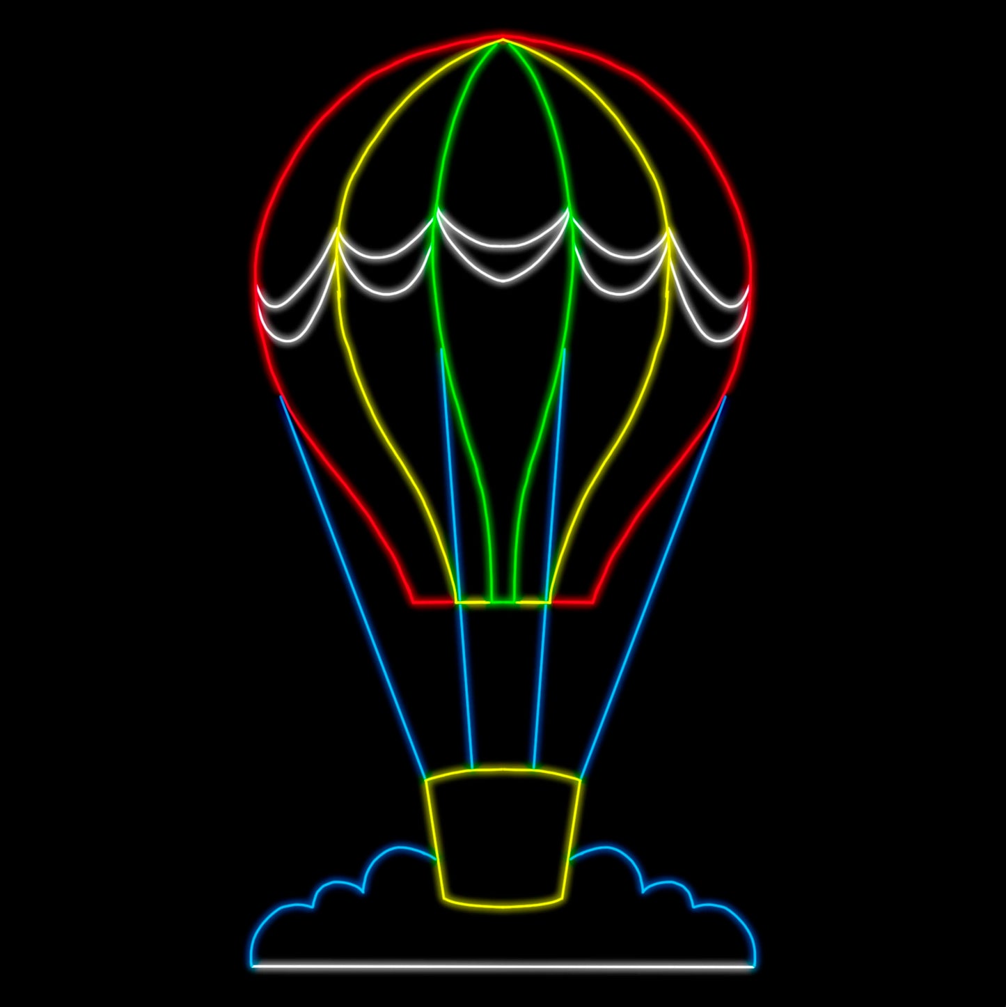 Hot Air Balloon and Basket Silhouette LED Display featuring a colorful hot air balloon with a basket, resting on a cloud. The display is illuminated with bright red, green, yellow, blue, and white LED lights, creating a vibrant and whimsical scene against a black background. This charming and magical display is perfect for commercial Christmas decorations.