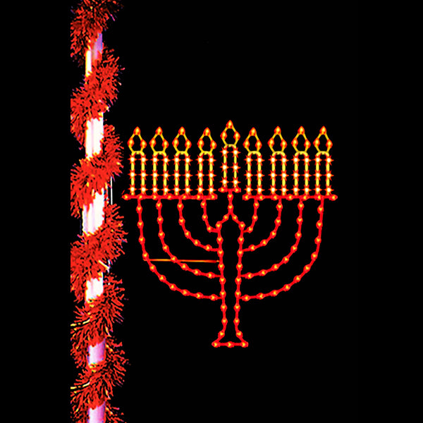 Menorah pole mounted decoration for Hanukkah with 134 red and yellow C7 lamps