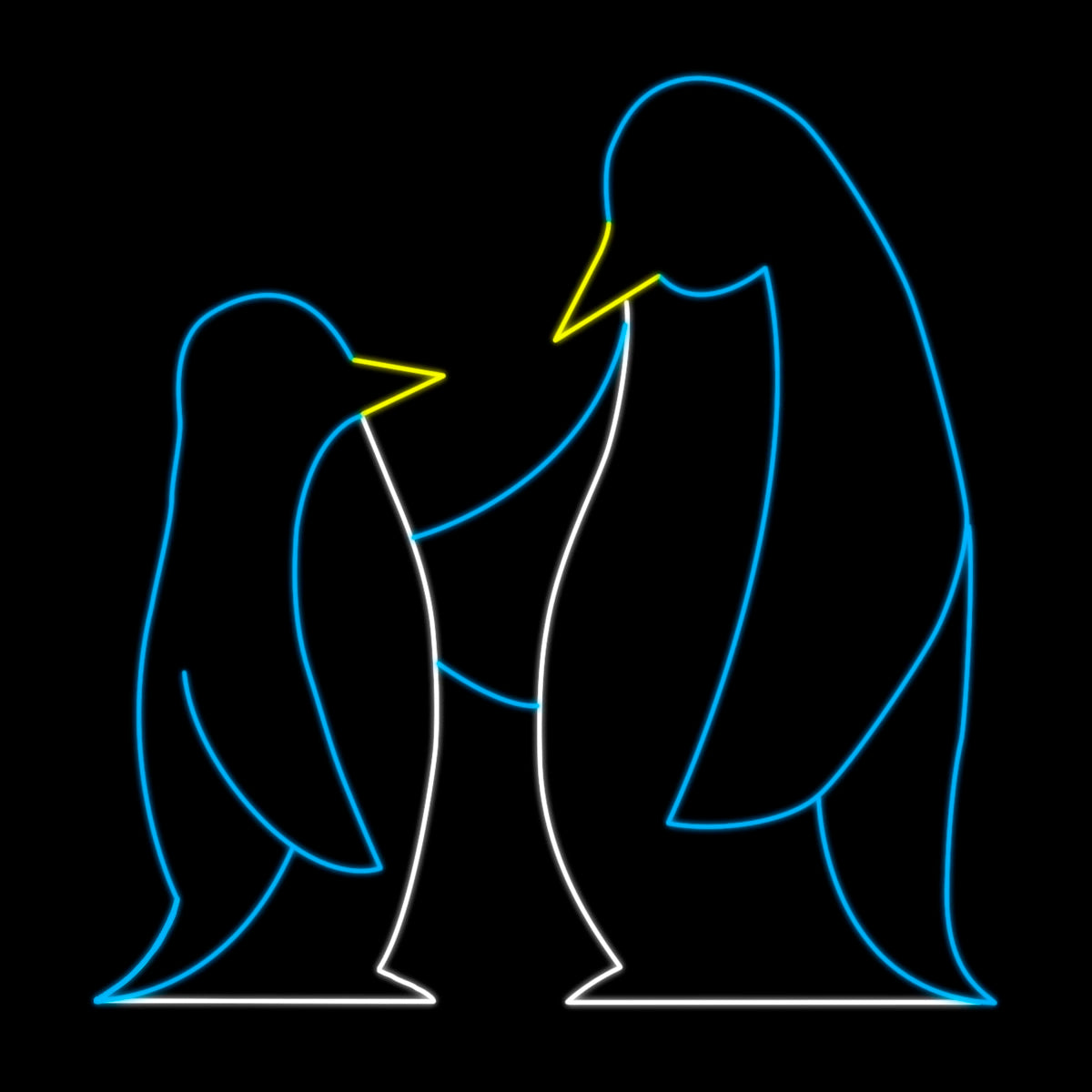 This is a Christmas penguin silhouette display of two penguins facing each other, depicted in yellow, white, and blue LED lights against a black background. The larger penguin is on the right, looking down at the smaller penguin on the left, creating a charming and heartwarming scene.
