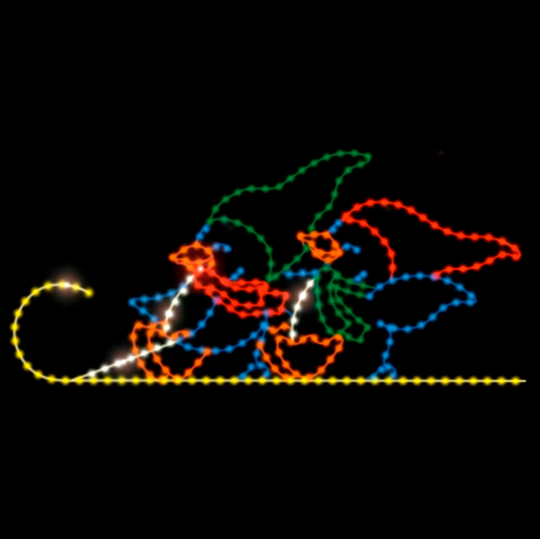 Two penguins dressed in festive winter dress are depicted in bright, colorful lights. They are shown sledding, with one penguin wearing a green Santa hat and scarf, and the other wearing a red Santa hat and scarf. The silhouette display features vibrant lines in blue, green, red, white, and orange LED lights creating a cheerful and playful winter holiday scene against a dark background.