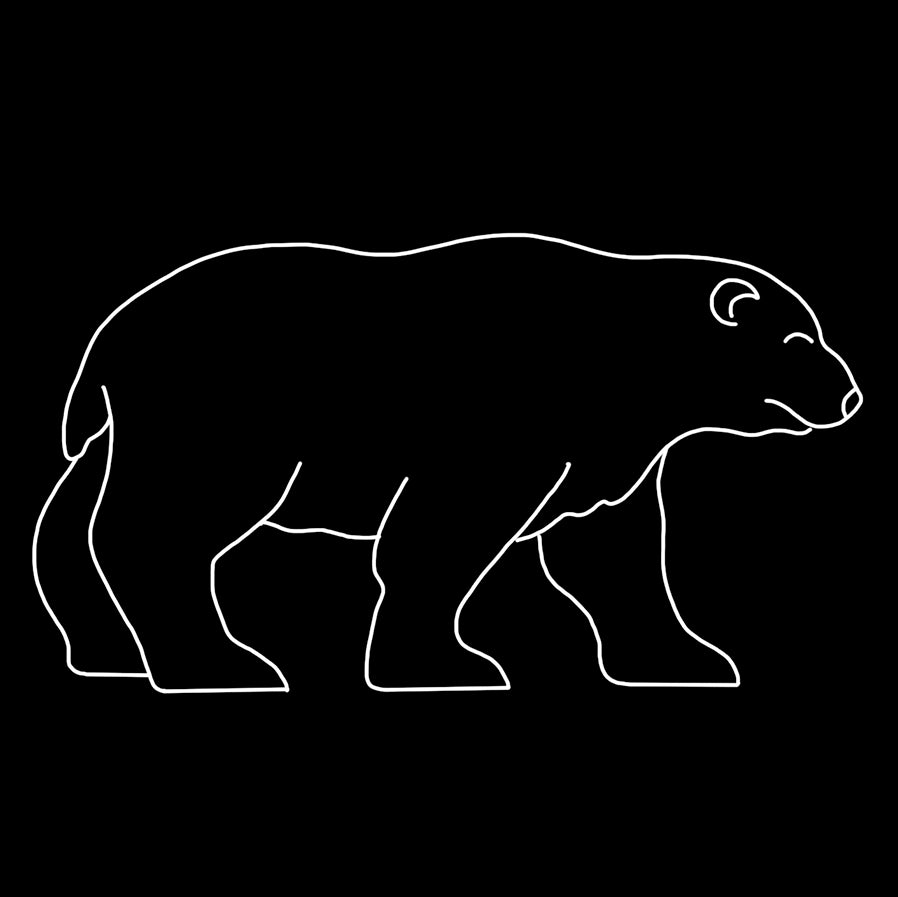 An illuminated silhouette of a polar bear, outlined in white LED lights against a solid black background. The bear is depicted in a side profile, standing on all fours with its head slightly tilted downwards. The minimalist design captures the essence of the animal through clean, continuous lines.