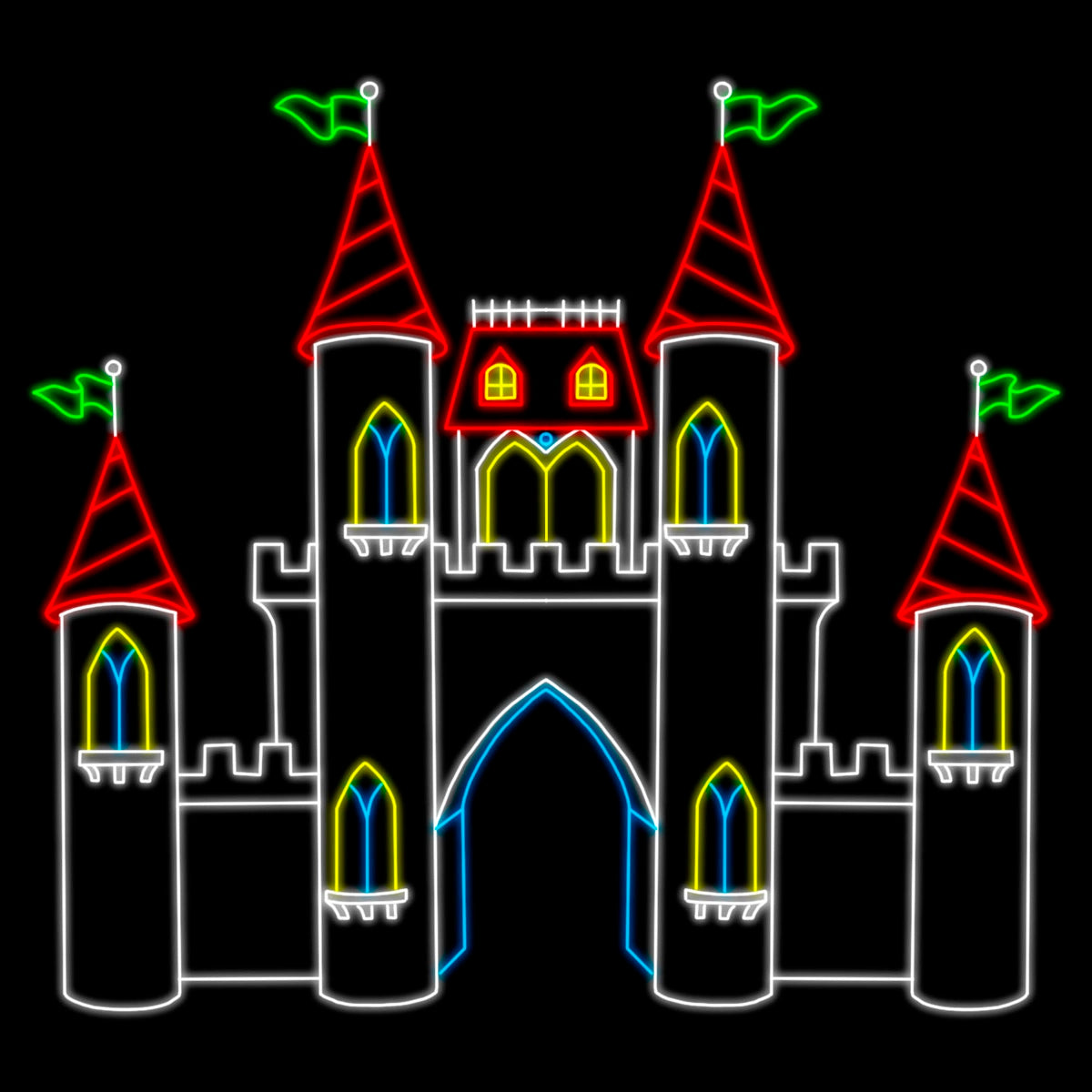 Santa's Castle Doors are Open Silhouette LED Display featuring a grand, illuminated castle. The display is lit with bright red, green, yellow, blue, and white LED lights, creating a vibrant and enchanting scene against a black background. This majestic and whimsical display is perfect to your commercial Christmas decorations.