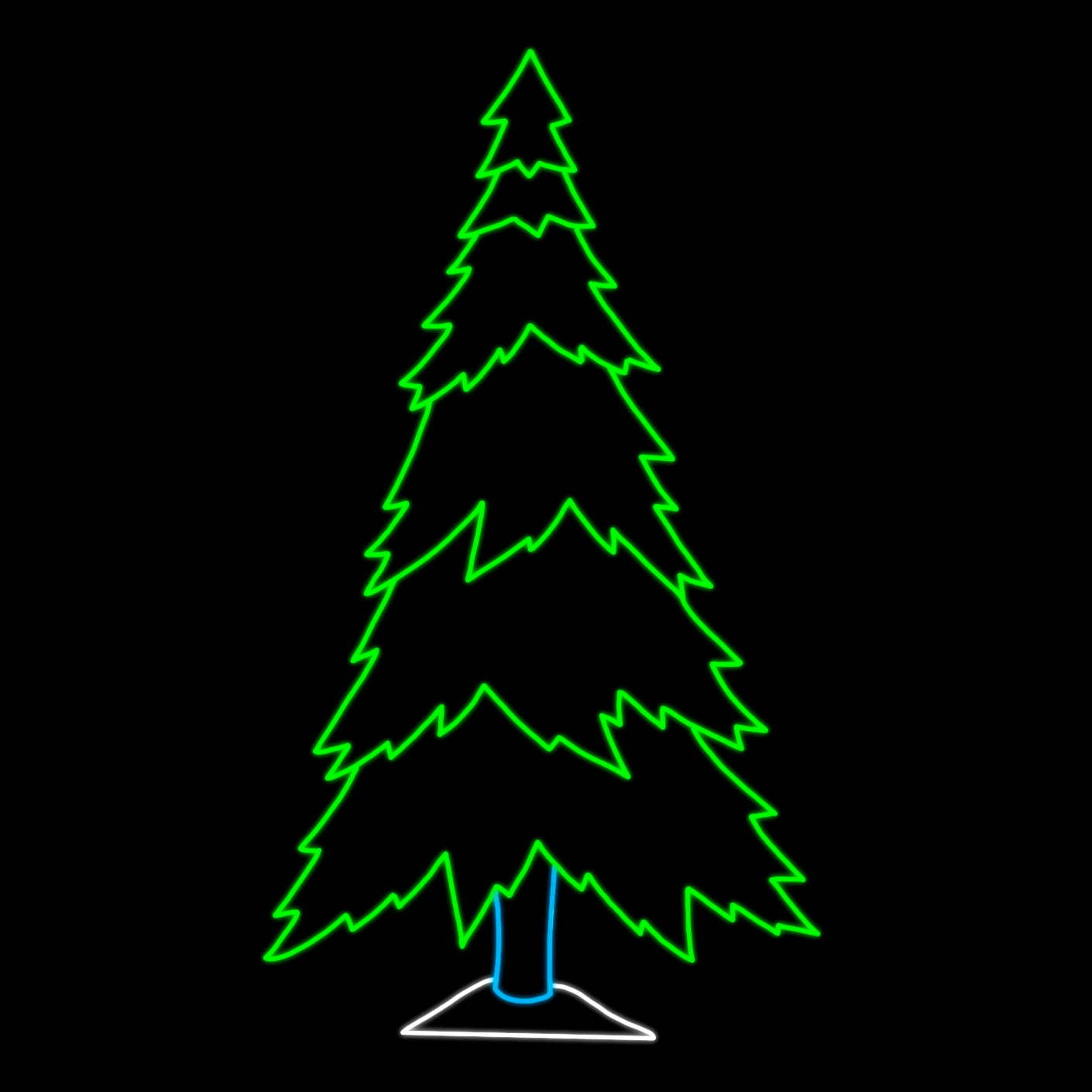 A silhouette of a pine tree on a black background. The outline of the tree is highlighted with bright green LED lights, with the tree trunk depicted in blue LED lights and the ground in white LED lights.