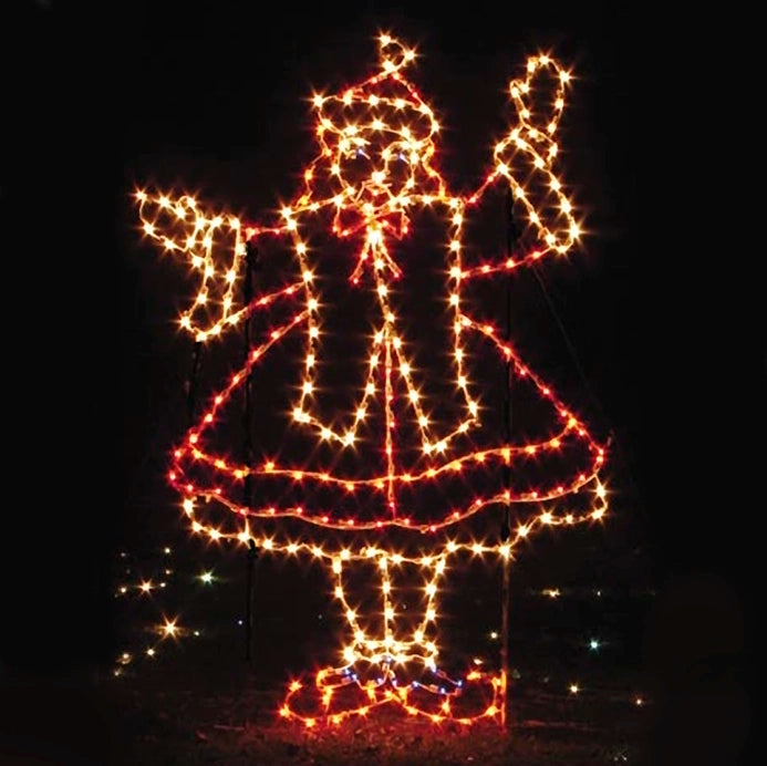 Christmas silhouette LED display of a girl ice skating, featuring bright,warm white and red LED lights outlining her Victorian dress, perfect for outdoor holiday events. It creates a vintage charm that is sure to spread holiday cheer.