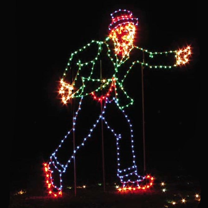 A silhouette of a man, in Victorian dress, ice skating made with yellow, green, red, and blue LED lights, set against a dark background. It creates a vintage charm that is sure to spread holiday cheer.