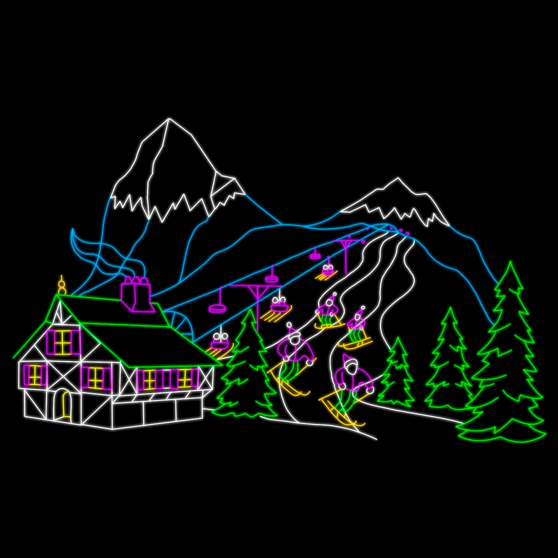 A vibrant LED display of a mountain ski resort scene at night. The image features a chalet in the foreground with purple windows and a green roof, surrounded by green trees. In the background, blue LED lights outline mountains that rise majestically with white snowcaps. A ski lift with purple seats carries skiers up the slope, and several skiers in yellow and purple are skiing down the illuminated slopes. The scene is lively and festive, capturing the essence of a winter ski resort.