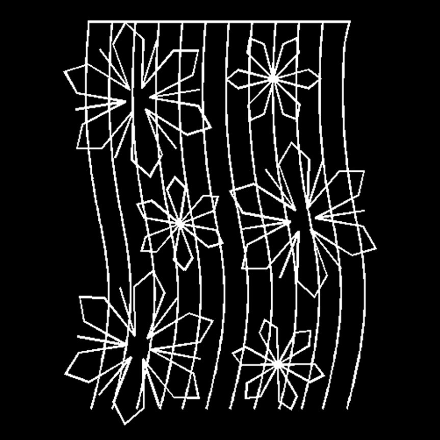 Illustration of a Snow Flurry Silhouette in white LED lights featuring multiple stylized snowflakes arranged vertically with wavy lines running through them on a black background.