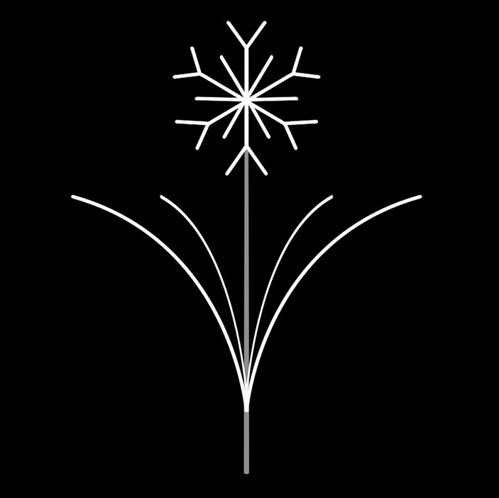 A minimalist design of a snowflake atop a spray of elegant curved lines, all in white LED lights, silhouetted against a black background. An inspiration to spread holiday cheer with a neutral Christmas décor.