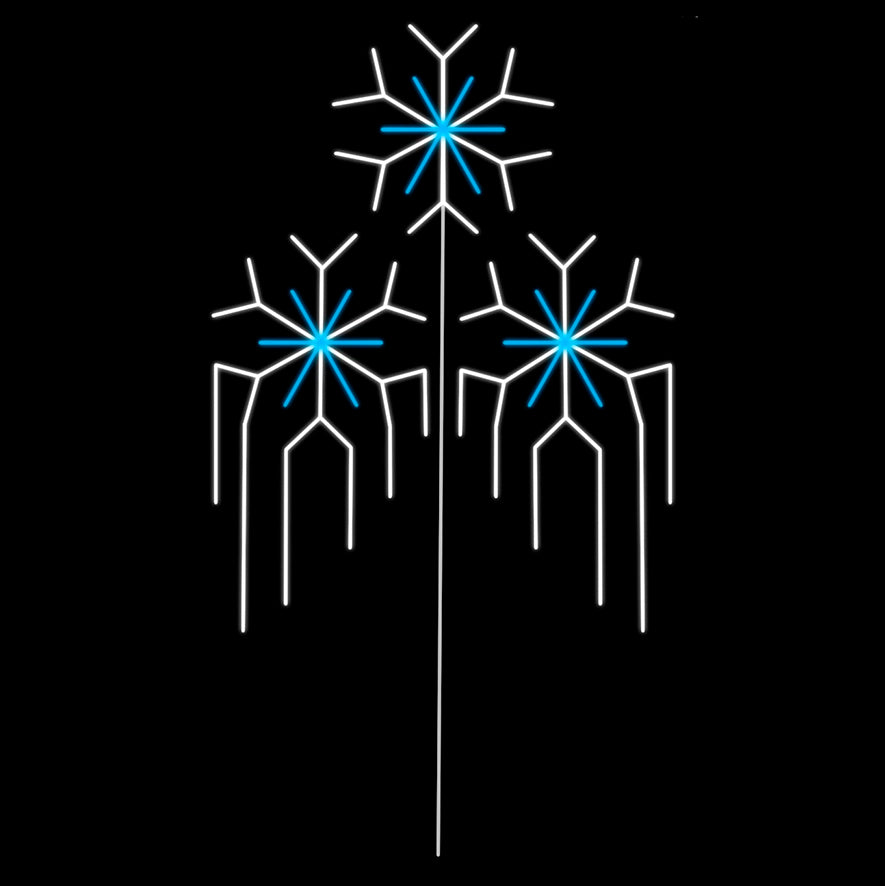 Silhouette LED display featuring three stylized snowflakes with blue LED lights for centers and white Led lights for outlines, arranged to resemble a Christmas tree on a black background. It’s perfect to spread holiday cheer.