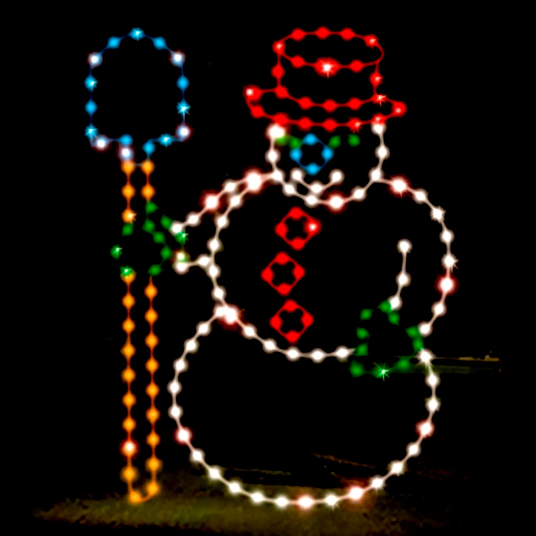 A bright and colorful LED silhouette display of a cheerful snowman holding a shovel, featuring vibrant red, white, blue, yellow, and green LED lights against a dark background.