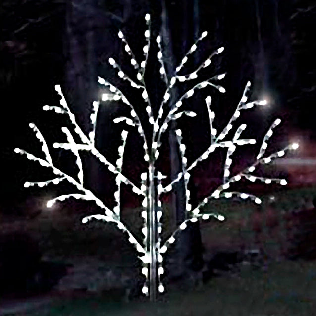 A stunning 8 foot Christmas tree silhouette LED display with bright white LED lights outlining the branches against a dark background. The perfect Christmas centerpiece for a magical holiday ambiance.