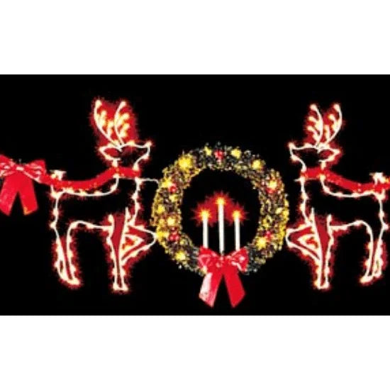Reindeer Skyline Overhead Decoration - A 40-foot festive display featuring illuminated reindeer, a wreath with candles, and red bows, perfect for adding holiday cheer to commercial spaces.