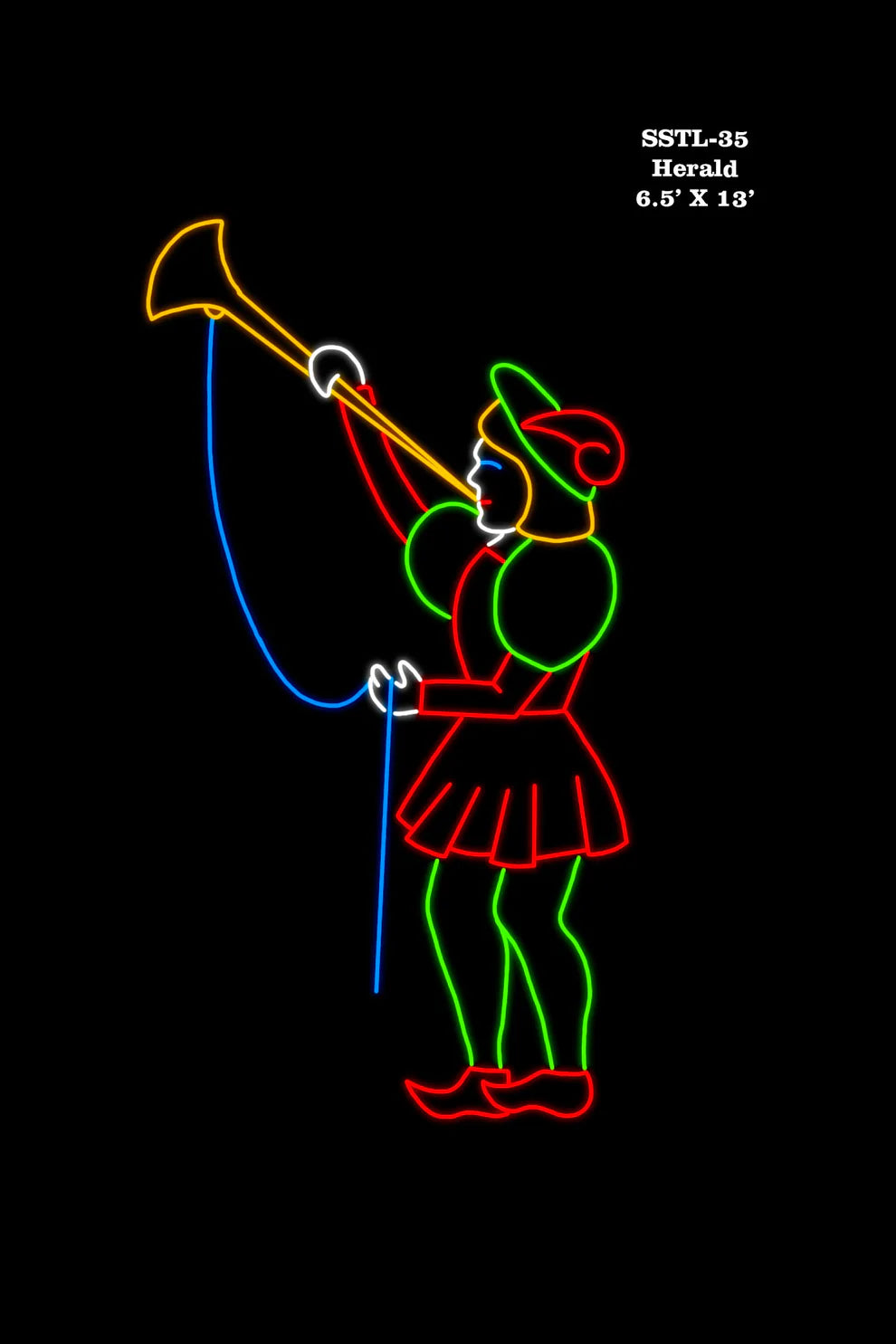 This silhouette portrays a figure of a herald, a traditional messenger or announcer, depicted in a dynamic pose of blowing a large trumpet. The figure is outlined in bright LED lights of various colors: the trumpet in yellow, the cord of the trumpet in blue, the hat and part of the outfit in red, and the rest of the garment and legs in green. 