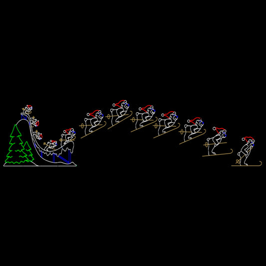 A Christmas silhouette LED display featuring a sequence of bears wearing Santa hats going down a ski jump. The display starts with the bears at the top of the slope, then shows them in various skiing positions as they descend, creating an animated effect. Green trees are positioned to the left of the slope, adding a festive touch. The background is black, highlighting the bright, colorful outlines, created by red, white and blue LED lights of the bears and slope.