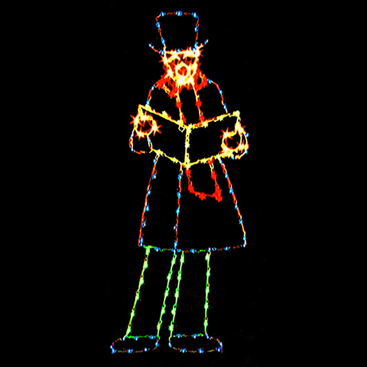 A silhouette LED display of a Victorian man caroling, wearing a flat top hat and scarf, and holding a songbook, outlined with bright yellow, red, and blue LED lights, set against a black background.