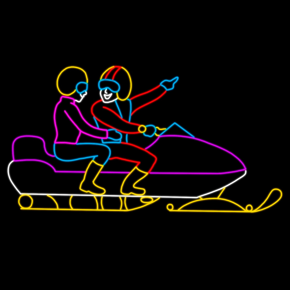 Silhouette LED display of two children riding a snowmobile. The display features vibrant outlines in red, white, yellow, purple, and blue LED lights against a black background, depicting the children with helmets and winter gear, capturing a fun and adventurous winter scene.