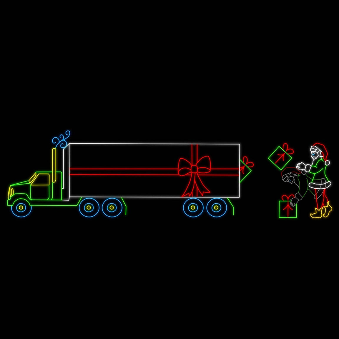 A bright LED silhouette display of a festive semi-truck with an elf loading Christmas packages. The truck, outlined in neon white, green, and red LED lights, features a large red bow on its side. The elf, dressed in a Santa hat and green outfit, is illuminated in red, green, and yellow LED lights, cheerfully stacking colorful presents next to the truck. The display stands out vividly against a black background, capturing the holiday spirit.