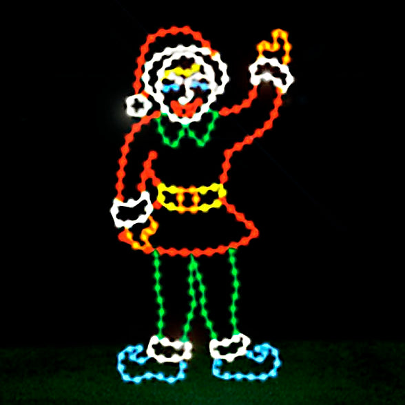 Christmas Elf Season’s Greetings Silhouette LED Display featuring a friendly elf waving, illuminated with bright red, blue, yellow, orange, green, and white LED lights. Ideal for commercial Christmas settings such as businesses, theme parks, municipalities, and other large and small event venues.