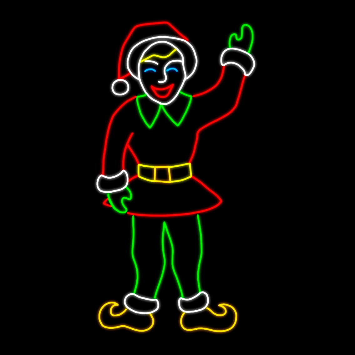 A silhouette LED display featuring a cheerful elf waving. The Christmas elf is dressed in a festive outfit with a Santa hat, jacket, belt, and shoes, all outlined with vibrant red, green, yellow, blue, and white LED lights, set against a black background.