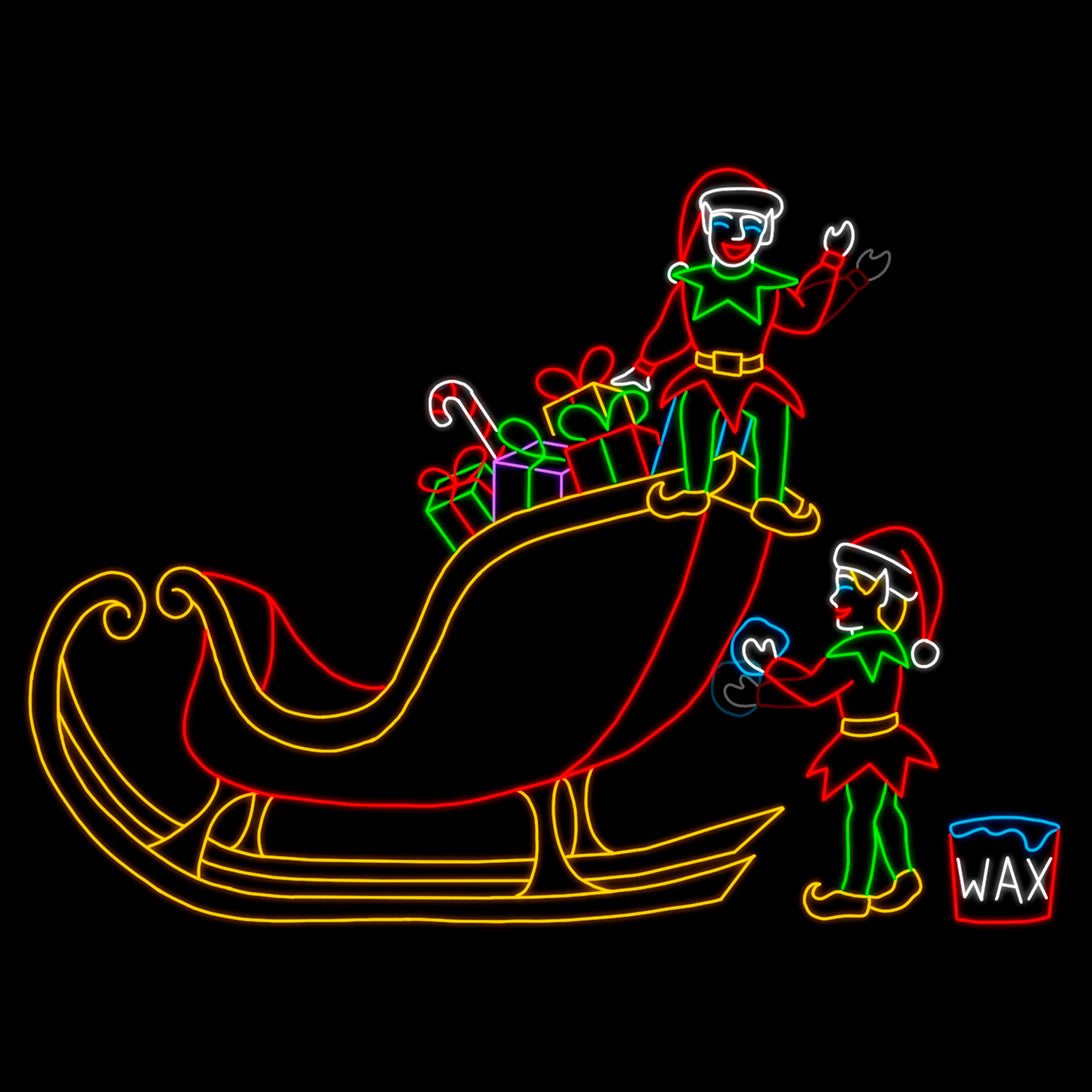 Christmas Elves Prep Santa’s Sleigh silhouette LED display featuring animated elves waxing and polishing Santa's sleigh. The display is illuminated with bright, red, yellow, blue, green, and white LED lights, creating a vibrant and festive scene against a black background. This charming and whimsical display is the perfect addition to your commercial Christmas decorations.