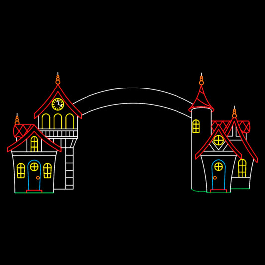 Christmas Elves Village Portal Silhouette LED Display featuring two enchanting buildings connected by an arched portal. The display is illuminated with bright red, green, yellow, and white LED lights, creating a vibrant and festive scene against a black background. This charming and whimsical display is perfect for commercial Christmas decorations.