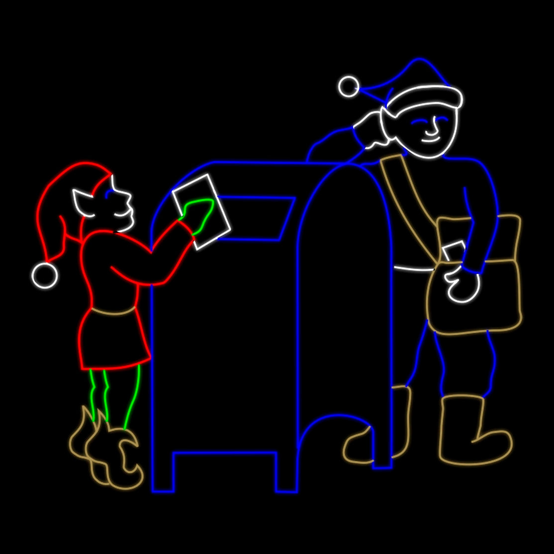 Christmas Elves with Mail Silhouette LED Display featuring two cheerful elves delivering mail. The display is outlined in bright red, green, blue, and white LED lights. One elf is shown posting a Christmas letter into a large mailbox while the other elf stands nearby with a mailbag. The vibrant lights stand out against a black background, making this display ideal for commercial Christmas decorations.