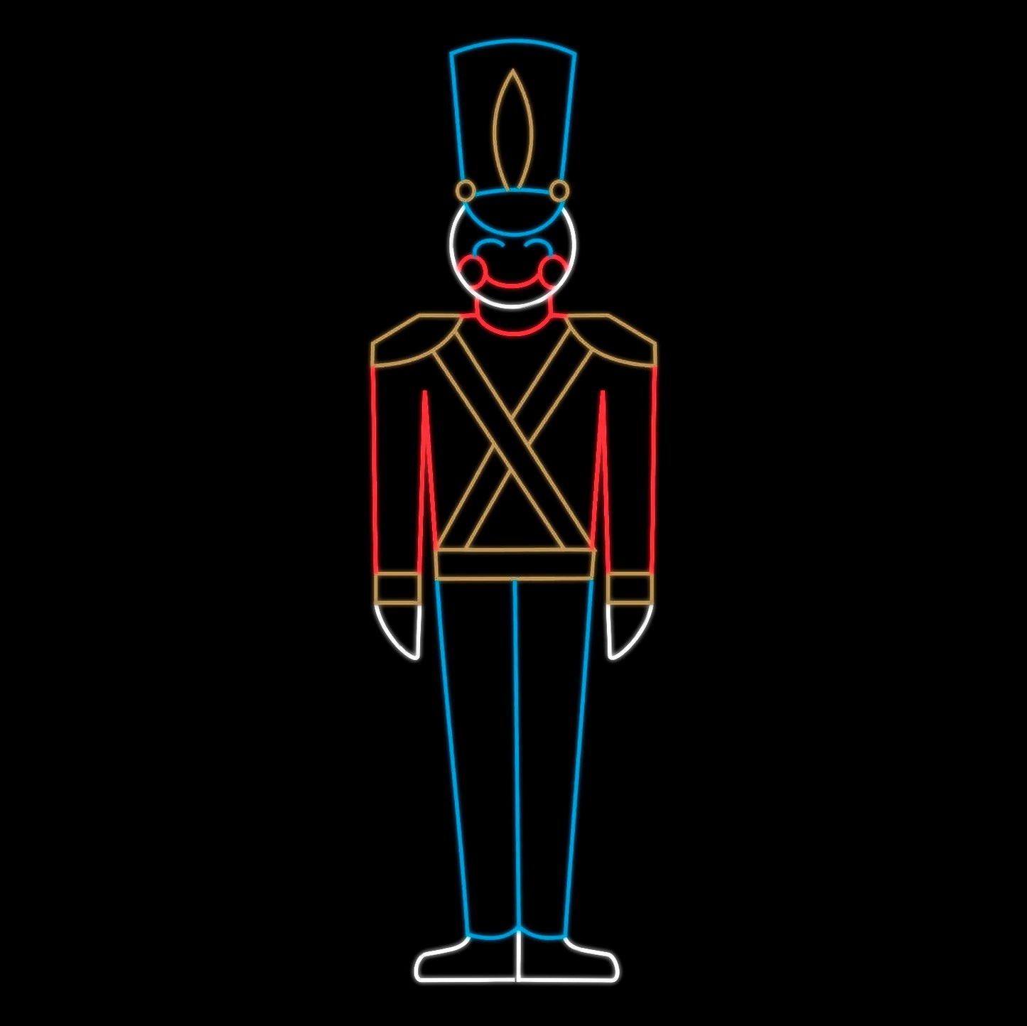 Christmas Nutcracker Toy Soldier Silhouette LED Display featuring a traditional nutcracker toy soldier. The display is illuminated with bright, red, white, yellow, and blue LED lights, creating a vibrant and festive scene against a black background. This classic and timeless display is the perfect addition to your commercial Christmas decorations.