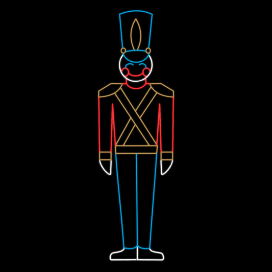 Christmas Nutcracker Toy Soldier Silhouette LED Display featuring a traditional nutcracker toy soldier. The display is illuminated with bright, red, white, yellow, and blue LED lights, creating a vibrant and festive scene against a black background. This classic and timeless display is the perfect addition to your commercial Christmas decorations.