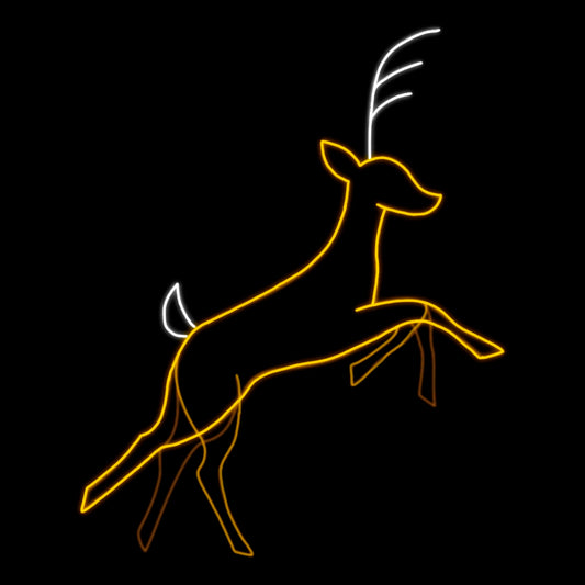 Christmas Reindeer Flying silhouette LED Display featuring a graceful animated reindeer in mid-flight. The display is illuminated with bright, yellow and white LED lights, creating a vibrant and magical scene against a black background. The reindeer antlers are white and the body is yellow.