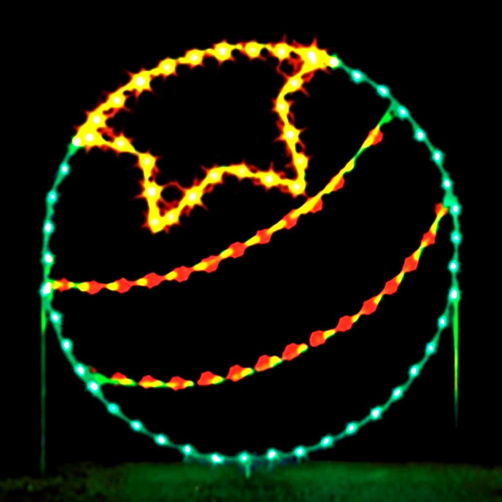 Christmas Star Ball Silhouette LED Display featuring a large, glowing ball adorned with a star. The display is illuminated with bright red, green, and yellow LED lights, creating a vibrant and festive scene against a black background. This enchanting display could be seen as a beach ball, kickball ball, or a festive green ball with yellow star and red stripes used for holiday events.