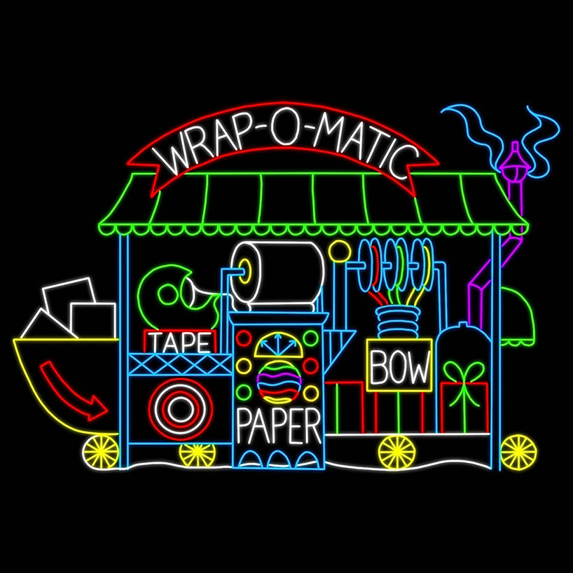 A vibrant and detailed animated silhouette LED display of the "Wrap-O-Matic" station. The display features a festive gift-wrapping machine adorned with colorful lights. The station includes elements such as rolls of wrapping paper, tape, and bows, all neatly organized under a green and red canopy. The sign at the top reads "WRAP-O-MATIC," and the display showcases the playful and efficient spirit of holiday gift wrapping, glowing brightly against a black background.