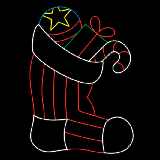 A brightly lit silhouette LED display of a Colossal Christmas stocking filled with festive items. The stocking is outlined with white and red LED lights, featuring a candy cane, a wrapped gift, and a ball with a star, all illuminated in vibrant colors of red, blue, green, and yellow LED lights, set against a black background.