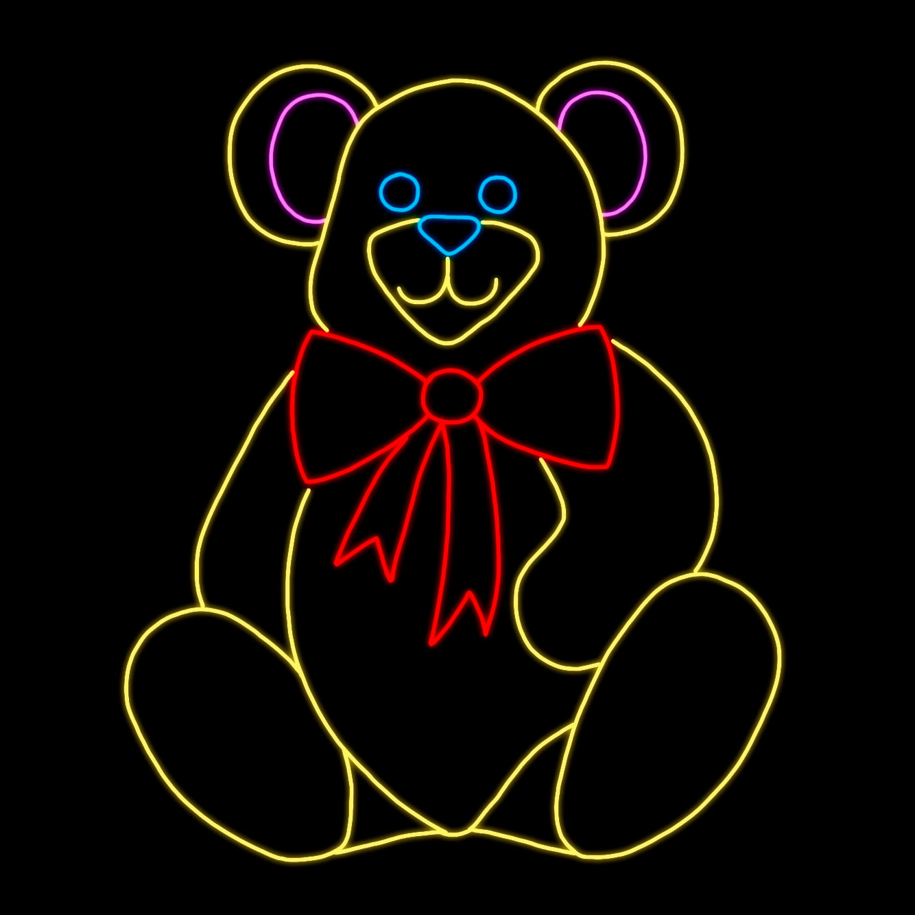 Cute Teddy Bear Toy Silhouette LED Display featuring a large teddy bear with a large red bow, illuminated with bright yellow, red, blue, and purple LED lights. The display creates a heartwarming and festive scene against a black background. This charming and playful display is perfect for commercial Christmas decorations, ideal for businesses, theme parks, municipalities, and event venues looking to enhance their holiday displays.