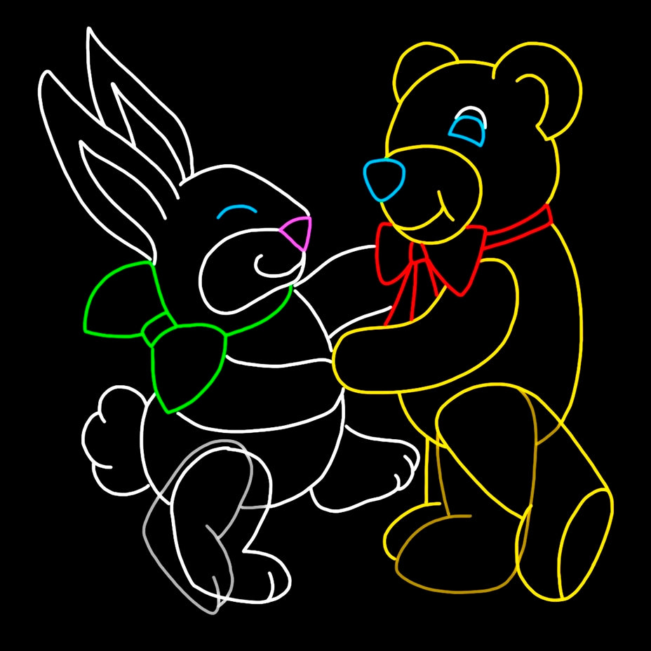 A delightful LED silhouette display featuring a bunny and a teddy bear dancing together. The bunny, outlined in white LED lights with green and purple accents, is joyfully interacting with a yellow-outlined teddy bear with a red bow. Both characters are set against a black background, creating a charming and playful scene illuminated with bright LED lights.