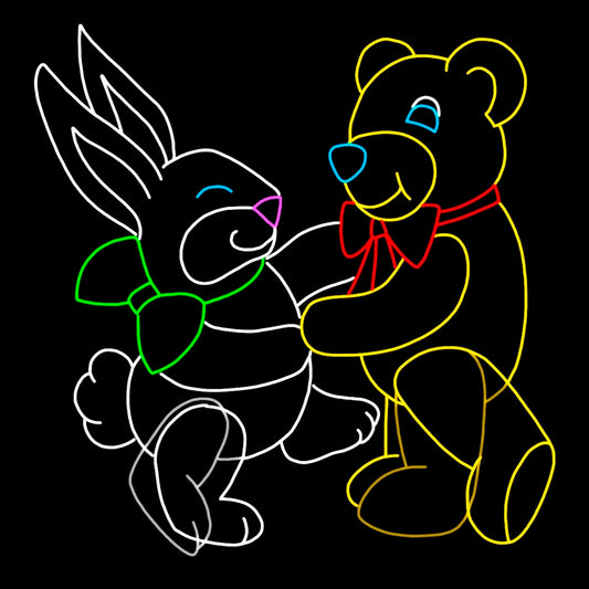 A delightful LED silhouette display featuring a bunny and a teddy bear dancing together. The bunny, outlined in white LED lights with green and purple accents, is joyfully interacting with a yellow-outlined teddy bear with a red bow. Both characters are set against a black background, creating a charming and playful scene illuminated with bright LED lights.
