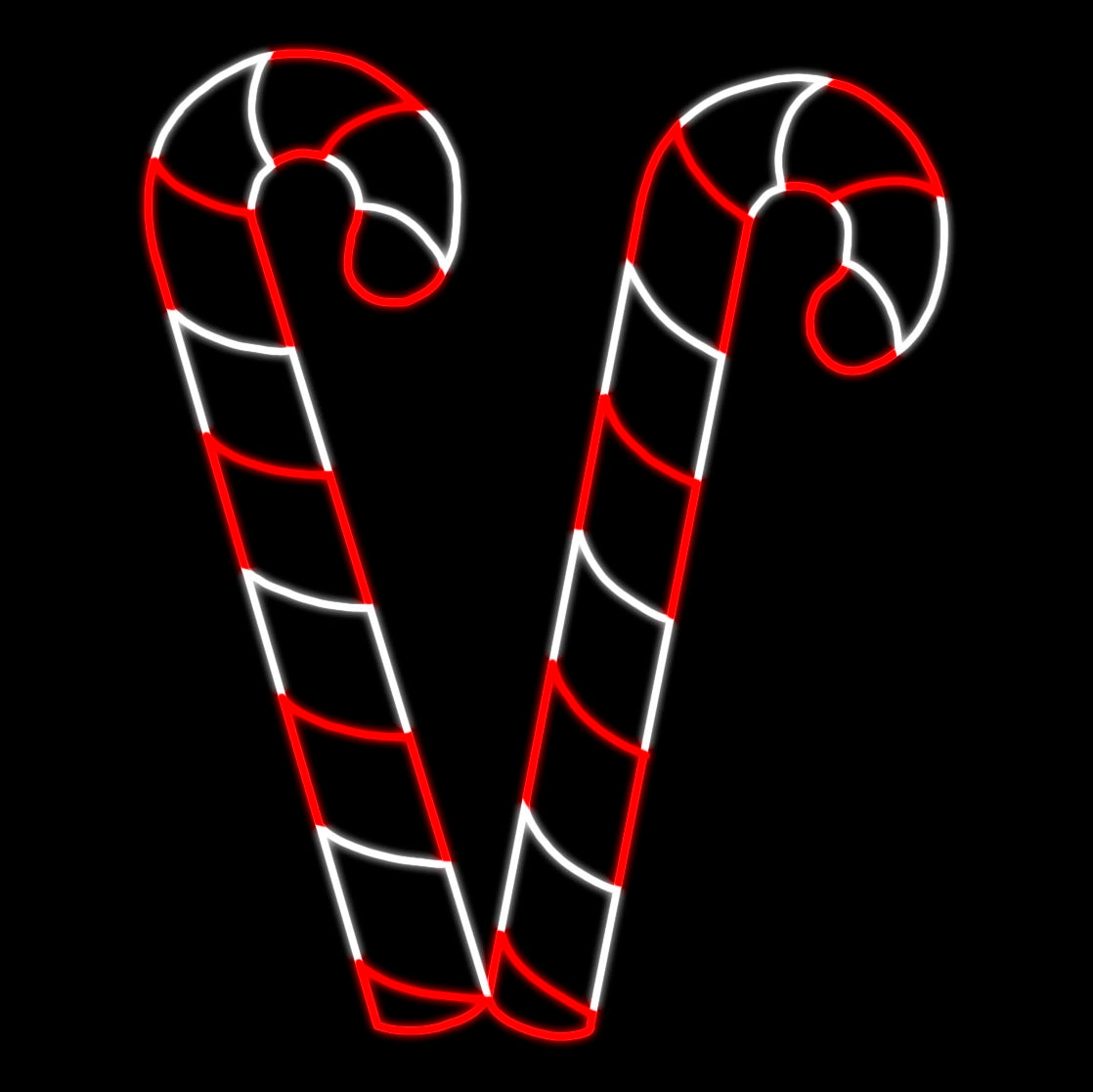 An animated silhouette LED display featuring two large candy canes crossed at the bottom. The candy canes are outlined with bright red and white LED lights, set against a black background.