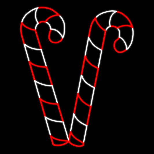 An animated silhouette LED display featuring two large candy canes crossed at the bottom. The candy canes are outlined with bright red and white LED lights, set against a black background.
