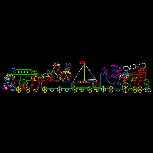A brightly lit silhouette LED display of a colorful toy train featuring multiple cars. The display includes a variety of festive elements: a blue doll with yellow hair in the caboose, a vintage toy soldier, a rocking horse toy, a small sailboat, and a purple dinosaur in the train cars. The colors include red, blue, green, yellow, purple, and white LED lights, set against a black background.