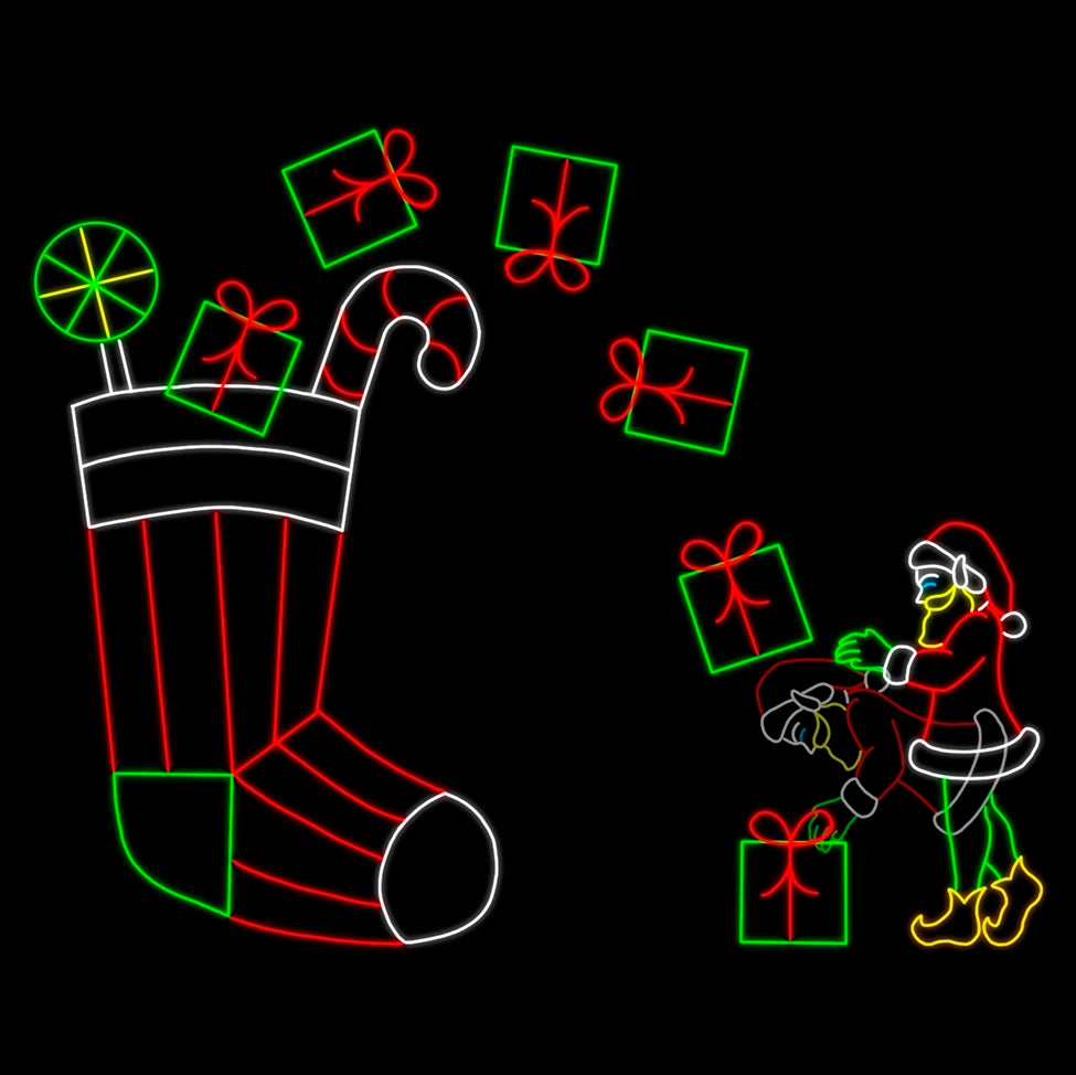 A silhouette LED display featuring an elf filling a large Christmas stocking. The display includes brightly lit presents, a candy cane, and a lollipop emerging from the stocking. The elf is dressed in a festive outfit with a Santa hat, jacket, and shoes. The entire scene is outlined with vibrant red, white, yellow, and green LED lights, set against a black background.