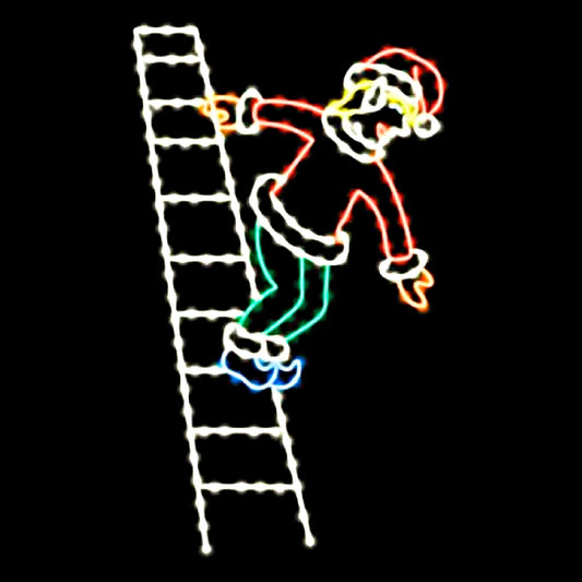 A silhouette LED display featuring a playful elf climbing a ladder. The elf is dressed in a festive outfit with a Santa hat, jacket, and shoes, all outlined with bright red, green, white, blue, and yellow LED lights. The ladder is also illuminated with white LED lights, set against a black background.