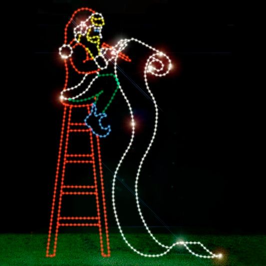 A silhouette LED display of an elf sitting on a tall stool, checking off items on a long list. The elf is outlined with bright red, green, yellow, blue, and white LED lights, set against a black background. The long list extends down the display, creating a whimsical and festive scene.