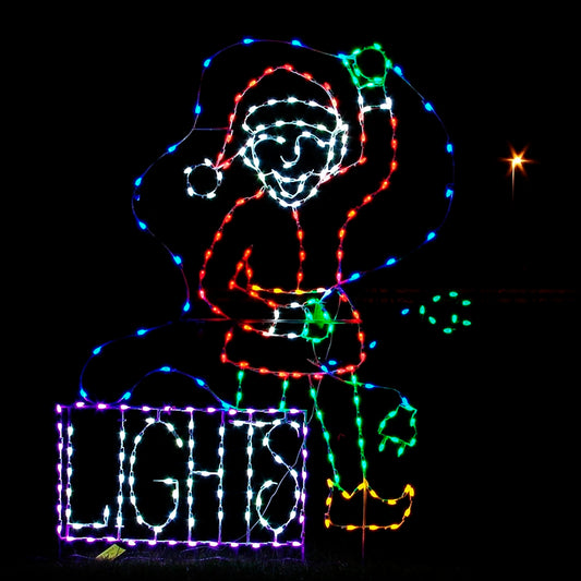 Elf with Box of Lights Silhouette LED Display featuring a cheerful elf holding a box of lights. The display is illuminated with bright red, green, blue, and white LED lights, creating a vibrant and festive scene against a black background. The word 'LIGHTS' is also illuminated in a box beside the elf. This playful and charming display is perfect for commercial Christmas decorations.