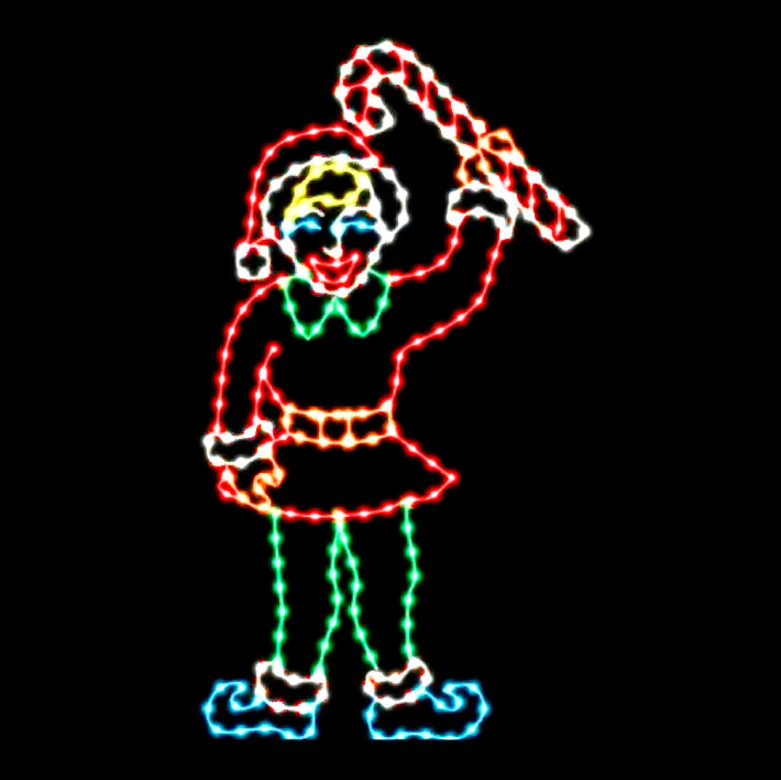 A silhouette LED display featuring a cheerful elf holding a large candy cane. The elf is dressed in a festive outfit with a Santa hat, collar, belt, and shoes, all outlined with bright white, green, yellow, blue, and white red LED lights, set against a black background.