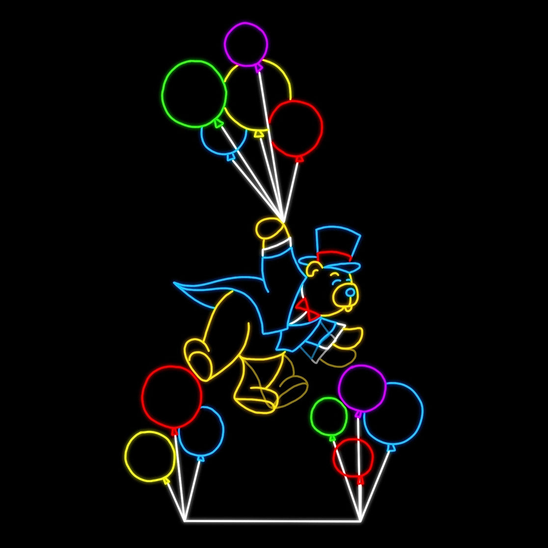 A colorful LED silhouette display of a flying teddy bear holding balloons. The bear is dressed in a flat top hat and a cape, floating gracefully with clusters of brightly colored balloons in hand. The display features vibrant red, blue, green, yellow, and purple lights, making the bear appear as though it's soaring through the air, creating a whimsical and joyful scene against a black background.