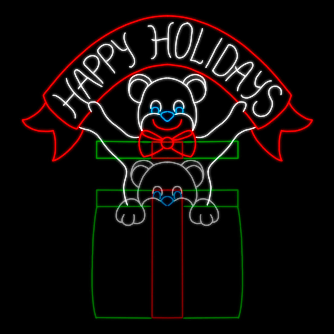 Gift Box and Pop-Up Toy Bear Silhouette LED Display featuring a cute teddy bear, with a red bow tie popping out of a festive gift box, topped with a 'Happy Holidays' banner. Illuminated with vibrant red, blue, green, and white LED lights. Ideal for commercial Christmas settings such as businesses, theme parks, municipalities, and event venues.