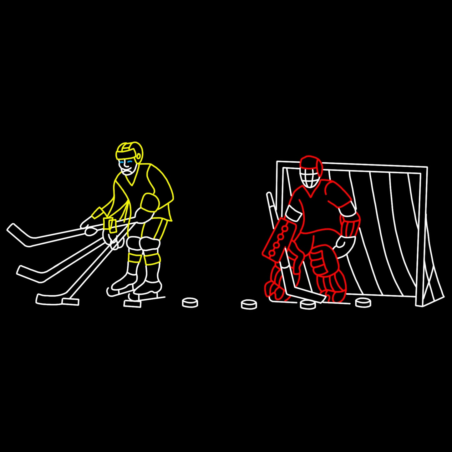 Silhouette LED display of a hockey player and a goalie, set against a black background. The hockey player is outlined in yellow LED lights, positioned to the left and holding multiple hockey sticks creating an animated shooting motion, while the goalie, outlined in red LED lights, is on the right in front of a net in white LED lights, ready to block pucks.