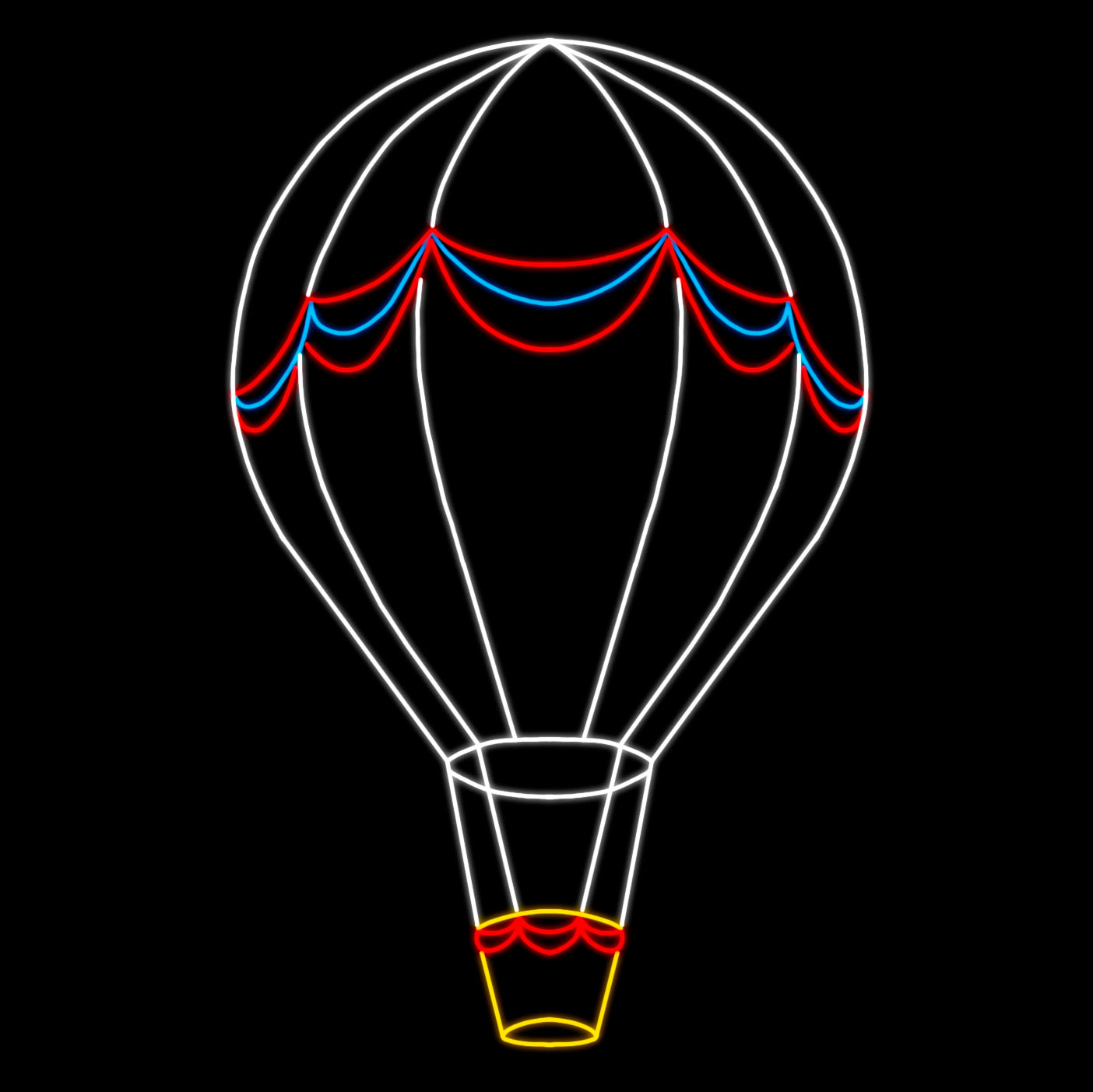 Hot Air Balloon Centerpiece Silhouette LED Display featuring a beautifully illuminated giant balloon with bright white LED lights and red, blue, and yellow accents. The intricate design of the hot air balloon and basket creates a whimsical and magical atmosphere, perfect for holiday decorations in commercial settings such as businesses, theme parks, municipalities, and event venues.