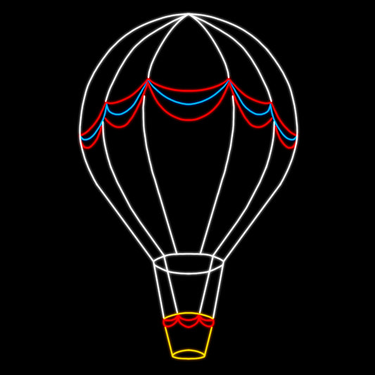 Hot Air Balloon Centerpiece Silhouette LED Display featuring a beautifully illuminated giant balloon with bright white LED lights and red, blue, and yellow accents. The intricate design of the hot air balloon and basket creates a whimsical and magical atmosphere, perfect for holiday decorations in commercial settings such as businesses, theme parks, municipalities, and event venues.